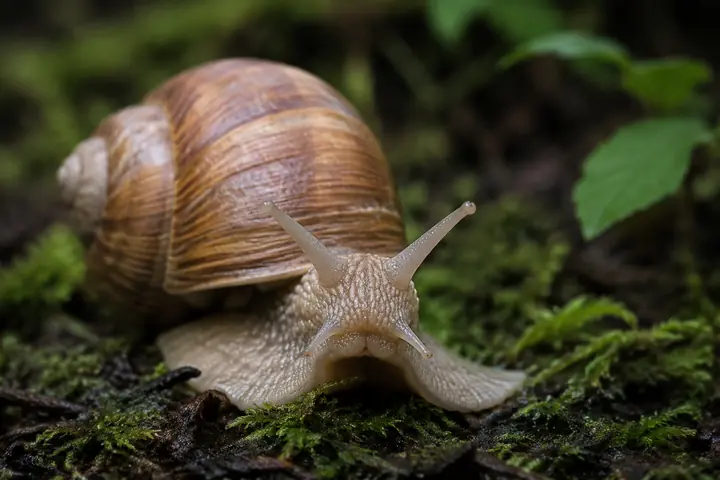 Snail looking directly at the camera on a natural forest floor