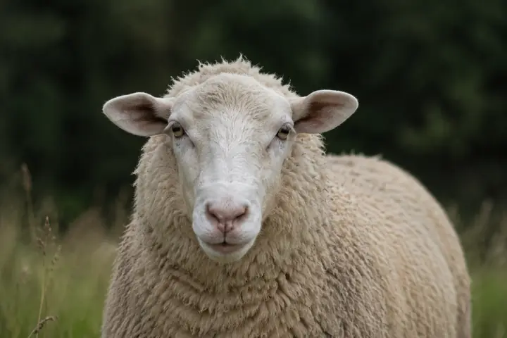 Sheep looking directly at the camera in a natural meadow